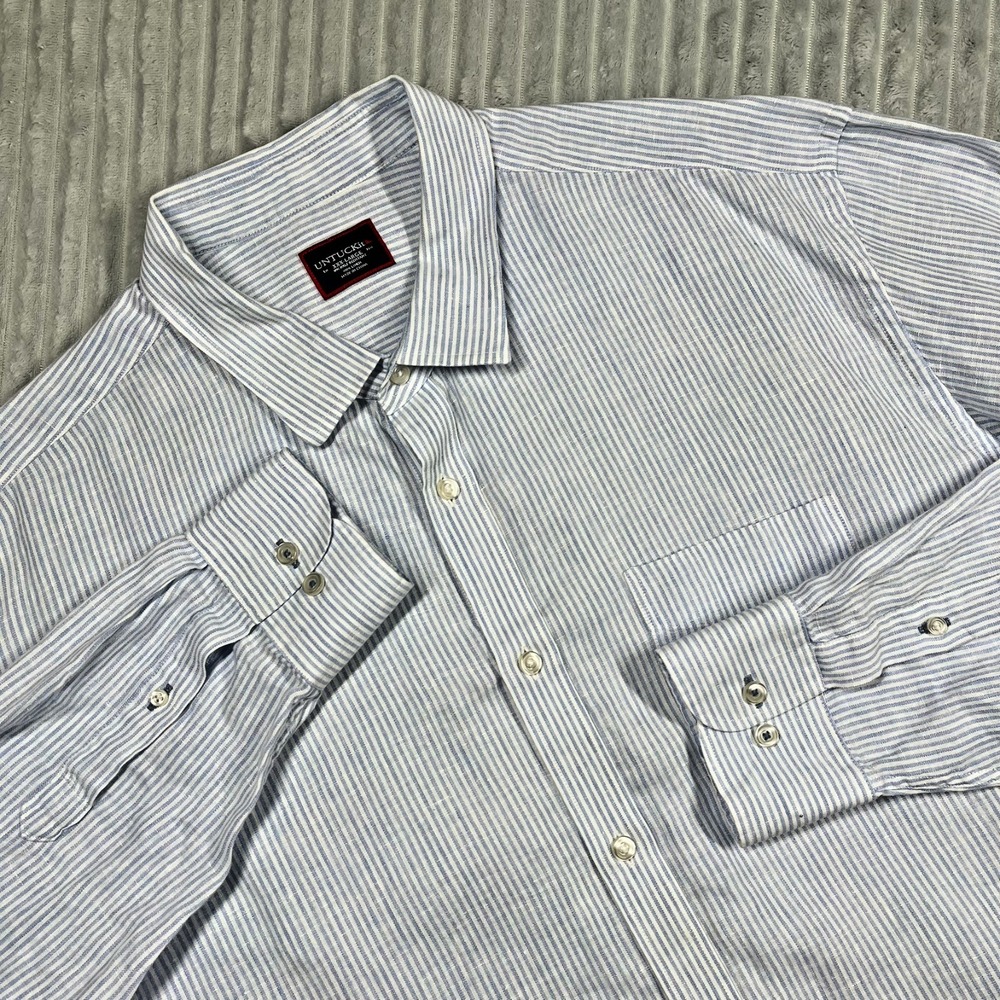 Untuckit Wrinkle Free Linen Button Up Shirt Men's 3XL White Blue Striped Beach